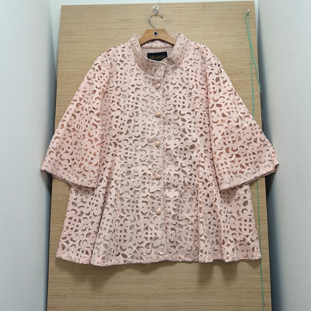 Moshita Couture Pink Laser Cut Eyelet Jacket Mandarin Collar 4XL Plus Size